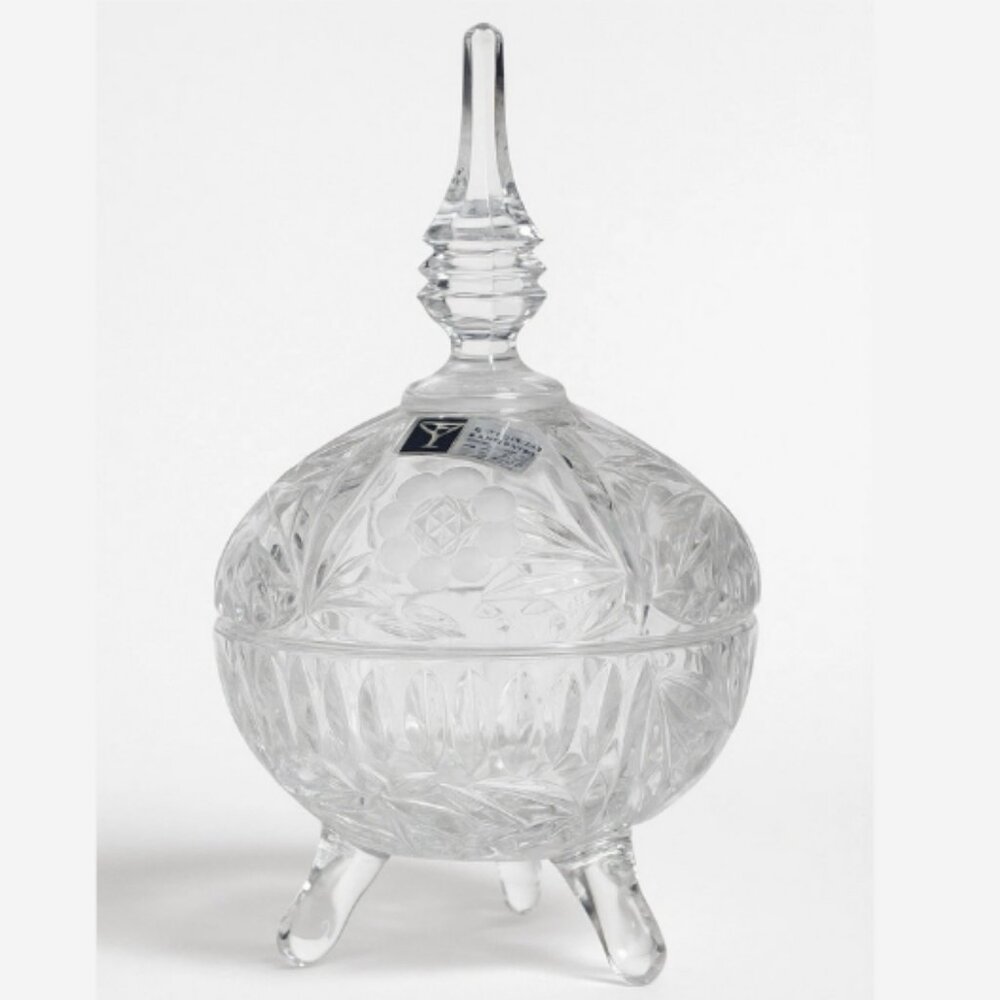 Vintage VIKSA Candy Dish Bowl With Top Cover 24% Lead Crystal 4-Footed 9" x 5"